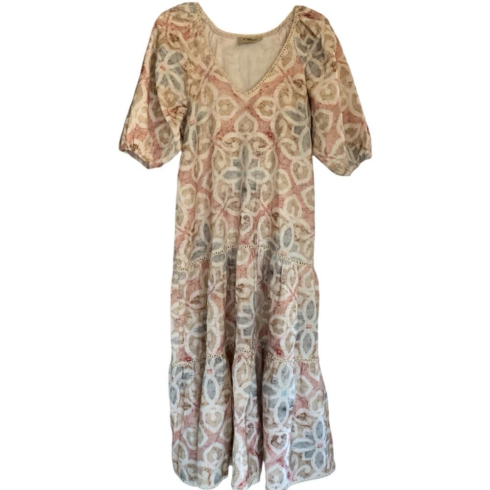 Ollari New York Cotton Boho Tiered Dress Crochet Lace Trim Cream Tan Blue XL